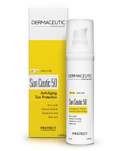 ‘Dermaceutic Sun Ceutic is more than just a sunscreen: it combines the benefits of the powerful stem cell stimulator phycosaccharide AIP, hyaluronic acid and aloe vera.  Its microdispersed mineral filters guarantee perfect transparency.  It contains both physical and chemical UVA and UVB protecting ingredients and powerful anti-ageing agents.’
