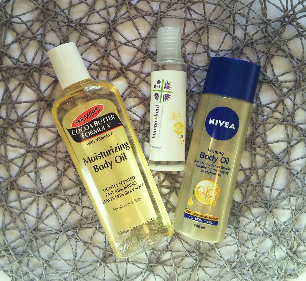 Palmers Body oil, Nivea Body Oil, Human+Kind all-in-one oil for hair and skin